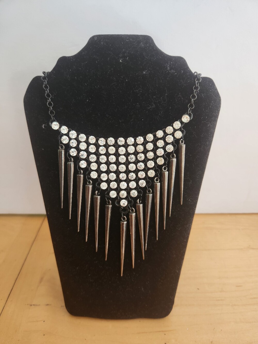 Gunmetal Spike Fringe Necklace with Clear Crystals